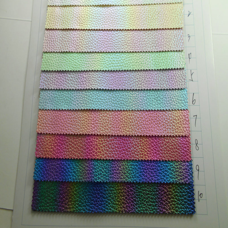 七彩渐变彩虹荔枝纹光变皮革青花瓷PU荔枝纹仿超纤印花箱包革面料