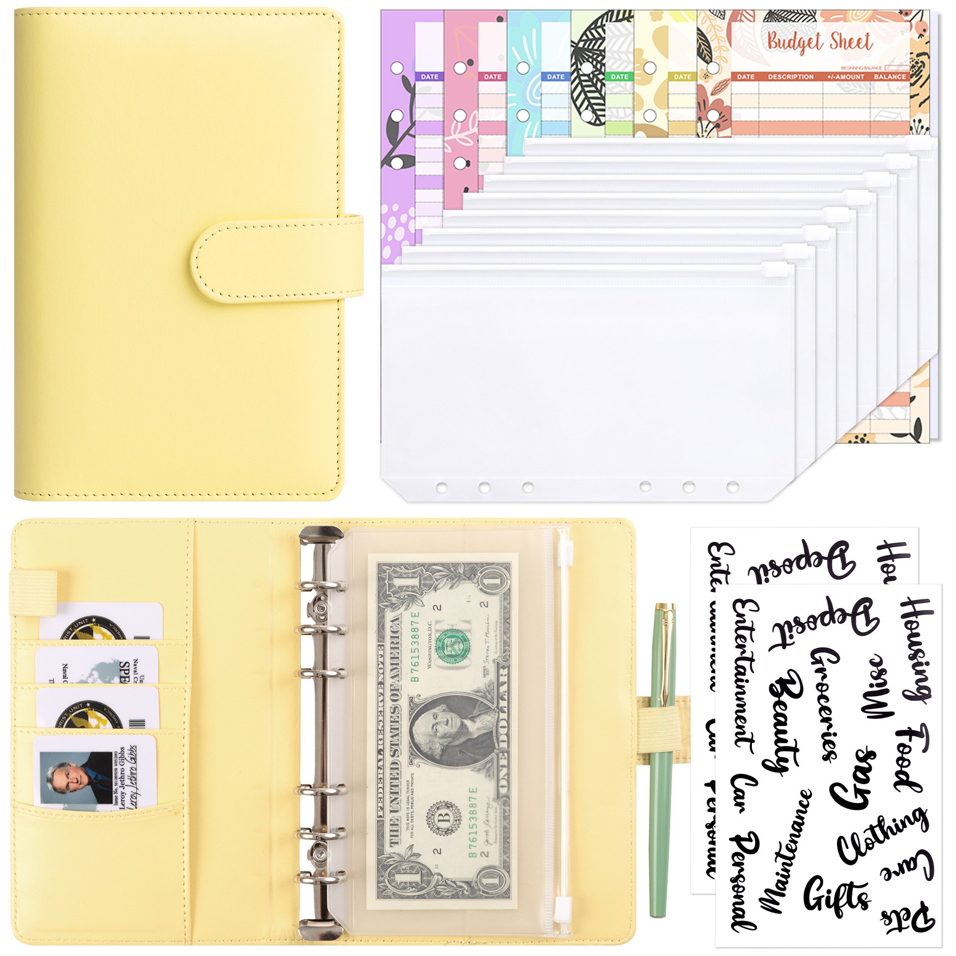Presupuesto transfronterizo Cash Clip de hojas sueltas Bolsa con cremallera Sobres Libro de cuentas A6 Macarons PU Cuaderno de hojas sueltas de cuero