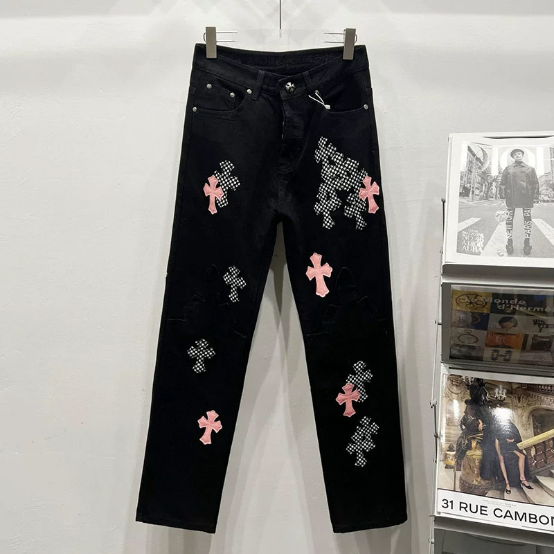 Real Shot of Heavy-Duty Leather Patchwork Zebra Pattern Pink Leather Workwear Jeans, Couple Style, Loose Straight-Leg Pants Real Shot of Heavy-Duty Leather Patchwork Zebra Pattern Pink Leather Workwear Jeans, Couple Style, Loose Straight-Leg Pants