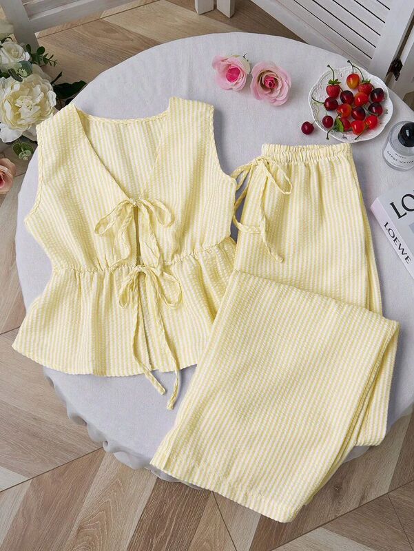 Summer Solid Color Striped Suit Casual Lace-Up Versatile Vest Loose Lace-Up Solid Color Pants Casual Sweet Suit