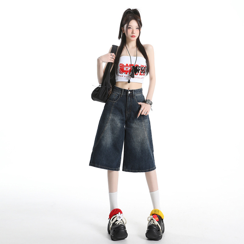 New Chinese-Style Dark Blue Cropped Jeans for Women, Summer 2026 New Model, Loose Fit, Slimming, Petite Straight-Leg Mid-Length Pants for Women New Chinese-Style Dark Blue Cropped Jeans for Women, Summer 2026 New Model, Loose Fit, Slimming, Petite Straight-Leg Mid-Length Pants for Women