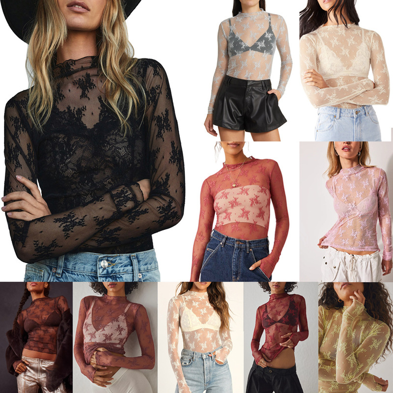 Cross-border Source Amazon Women's Casual Semi-high Neck Perspective Lace Top Mesh Base Shirt Sexy T-Shirt 3644 Cross-border Source Amazon Women's Casual Semi-high Neck Perspective Lace Top Mesh Base Shirt Sexy T-Shirt 3644