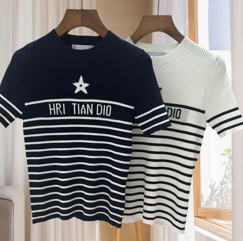 D home high quality 2024 spring new striped letter short sleeve sweater round neck star slim slim top women