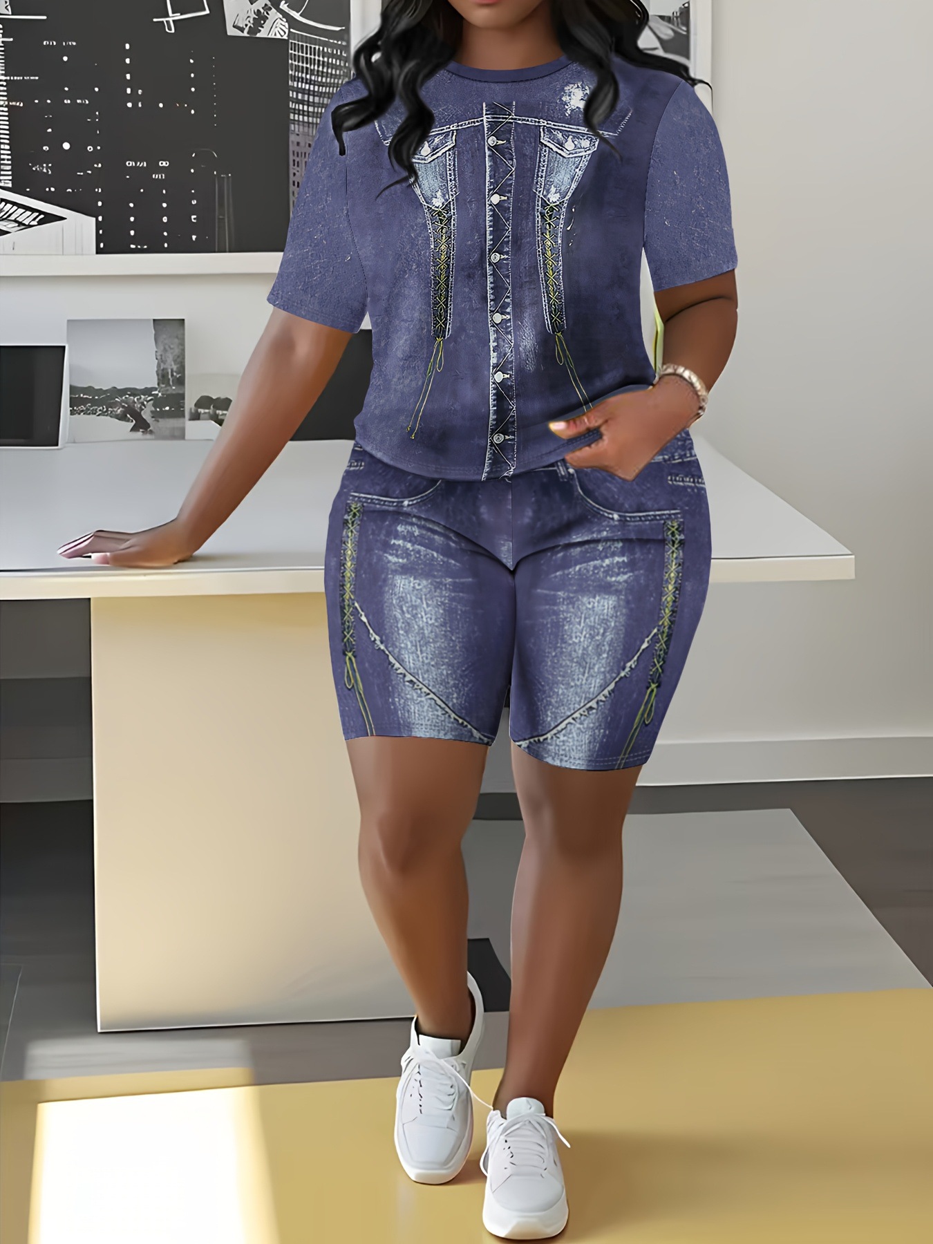 Completo due pezzi donna stampa denim top collo rotondo e shorts_voghion.com