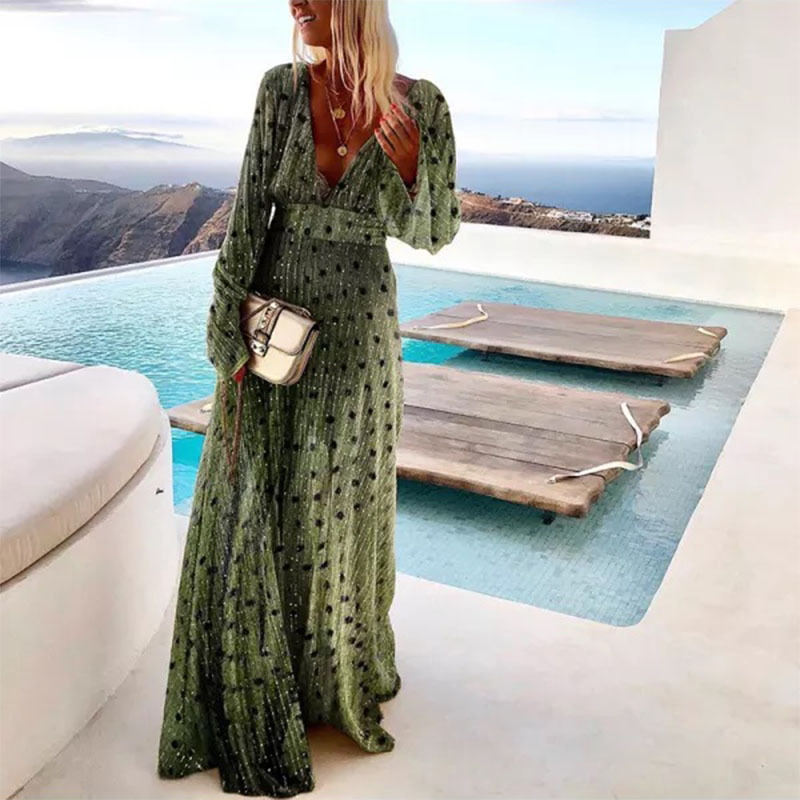 2024 cross-border women's new cross-border green gradient spot printing fashion temperament deep V large pendulum dress