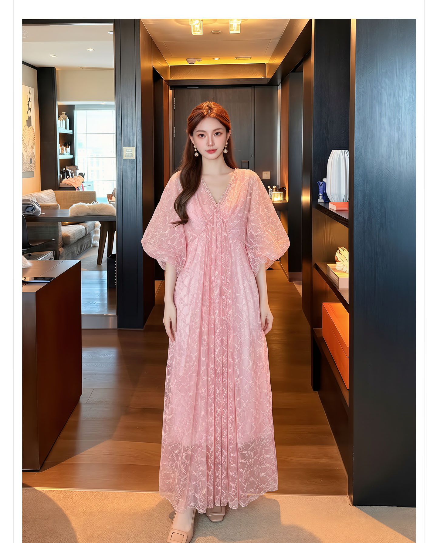 Đầm maxi nữ phong cách Tân Trung Hoa họa tiết batik ren jacquard dáng dài — Trang chủ chi tiết 7