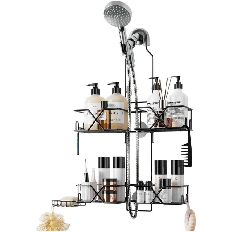 Black Double-Layer Height-Adjustable Shower Shelf Suitable for Handheld Showerheads with Soap Dish