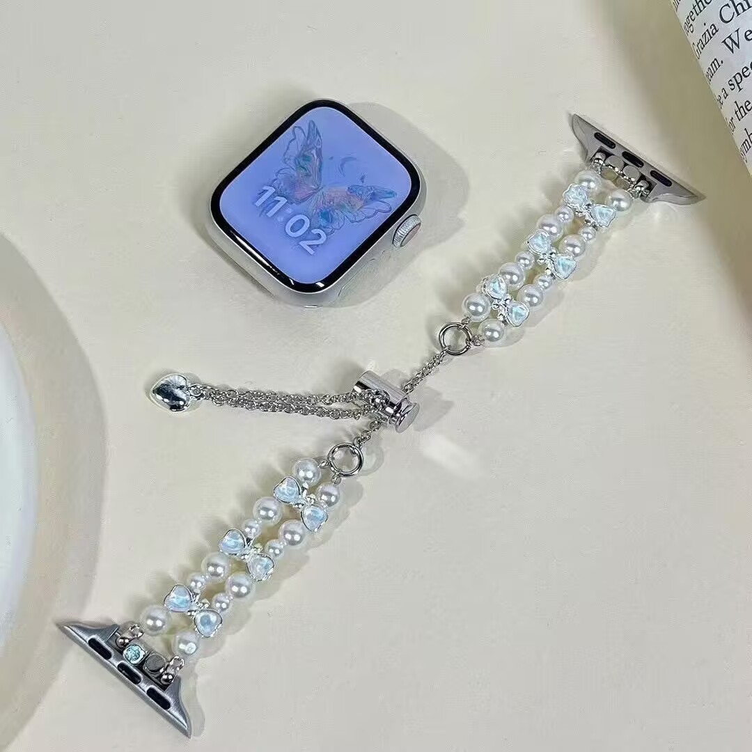 Pearl and Blue Bow Strap Applewatch Suitable for Apple Watch Strap 89/10S10 Strap Chain