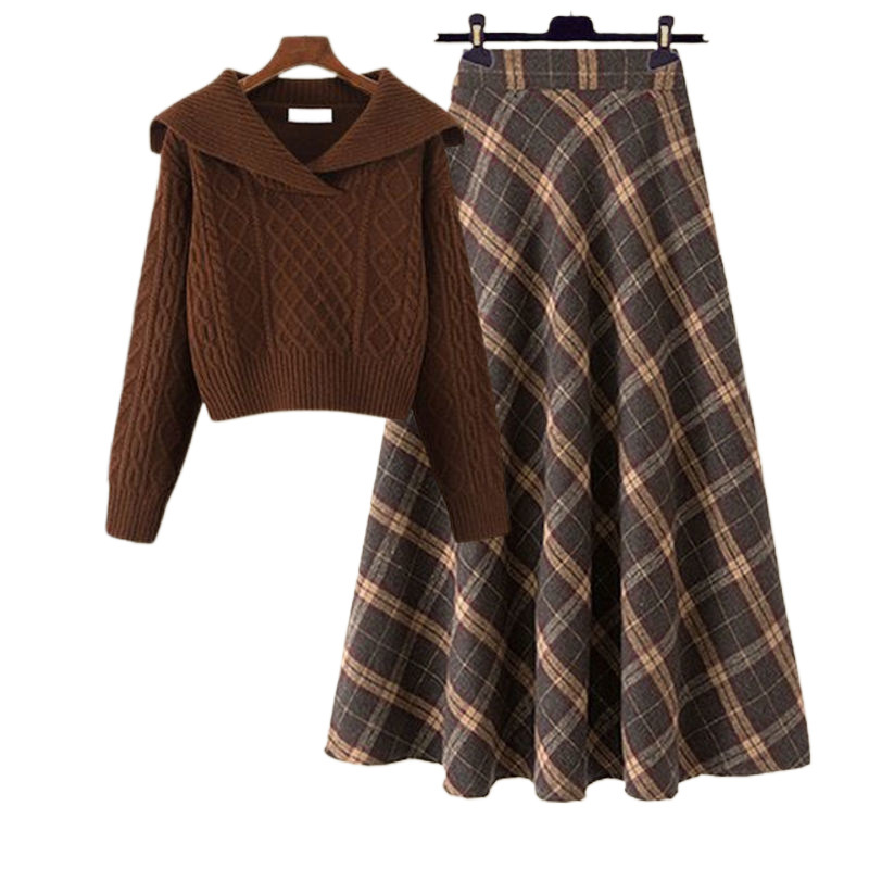겨울 젠틀웨어 여성용 2024 새로운 한국식 옷깃 니트 스웨터 높은 허리 격자 무늬 스커트 투피스 세트