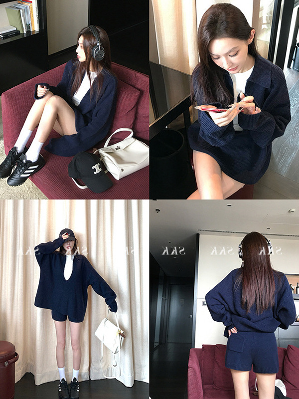 Skk Store 自在起居 松弛感羊毛大V领坑条针织衫短裤休闲套装女秋|undefined
