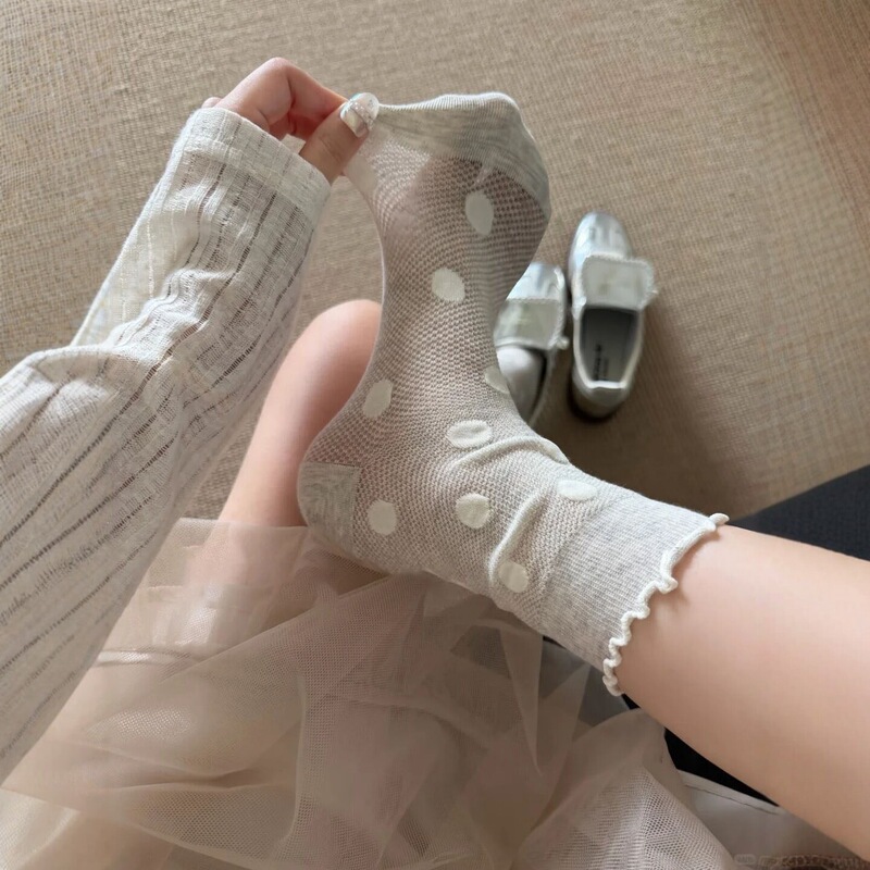 White Polka Dot Socks for Women, Summer Thin Transparent Lace Mid-Calf Socks, Mesh Hollow Breathable Ice Socks, Korean Style Seamless Socks White Polka Dot Socks for Women, Summer Thin Transparent Lace Mid-Calf Socks, Mesh Hollow Breathable Ice Socks, Korean Style Seamless Socks