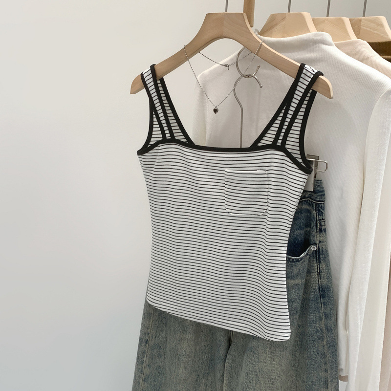 American-Style Spicy Girl Slim-Fit Pocket Design Striped Tank Top for Women, Summer 2026 New Sexy Spicy Girl Style Top