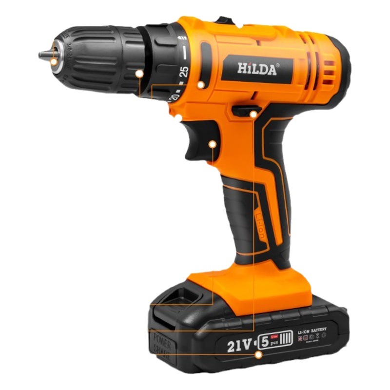 Taladro eléctrico recargable de litio Hilda para uso doméstico, herramientas eléctricas en stock, taladro manual, destornillador eléctrico