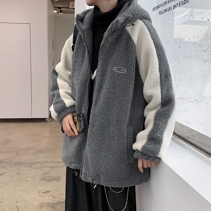 Invierno ins engrosada ropa de algodón caliente de los hombres de estilo coreano de moda suelta Cordero felpa Hong Kong estilo pareja costura abrigo