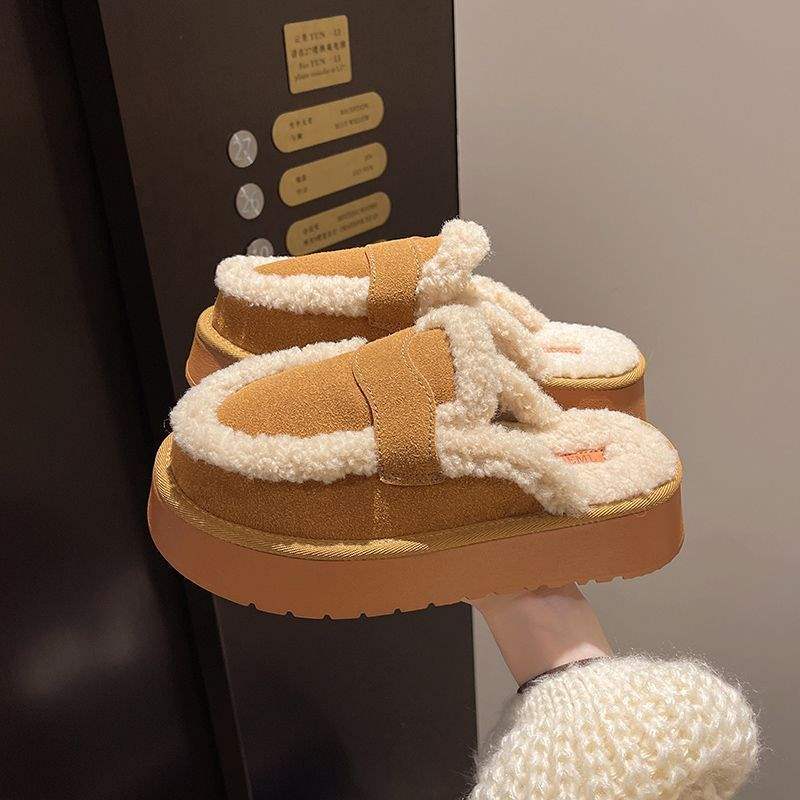 Thick-Soled Fur-Lined Slip-On Mules for Women, Outdoor Wear, 2025 Autumn and Winter New Style, Fleece-Lined and Thickened Snow Boots, Cotton Slippers