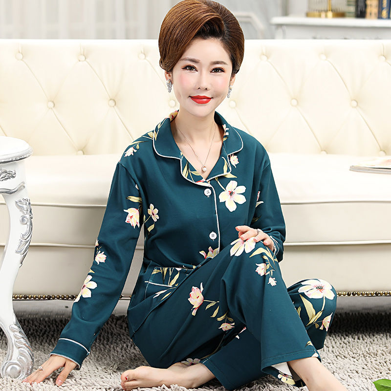 Pijamas de mamá de mediana edad para mujer otoño 100% algodón de manga larga para el hogar cardigan de mediana edad y ancianos traje suelto de primavera y otoño