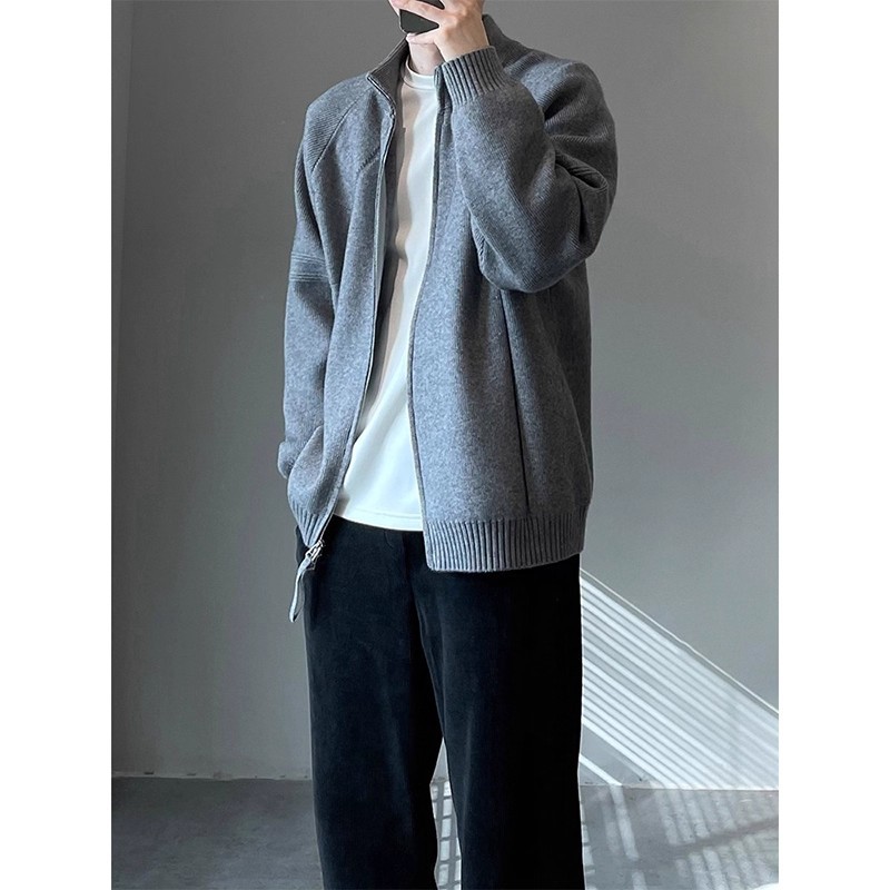 Otoño americano retro minimalista chaqueta de punto hombre manga larga casual suéter de punto de cuello simple