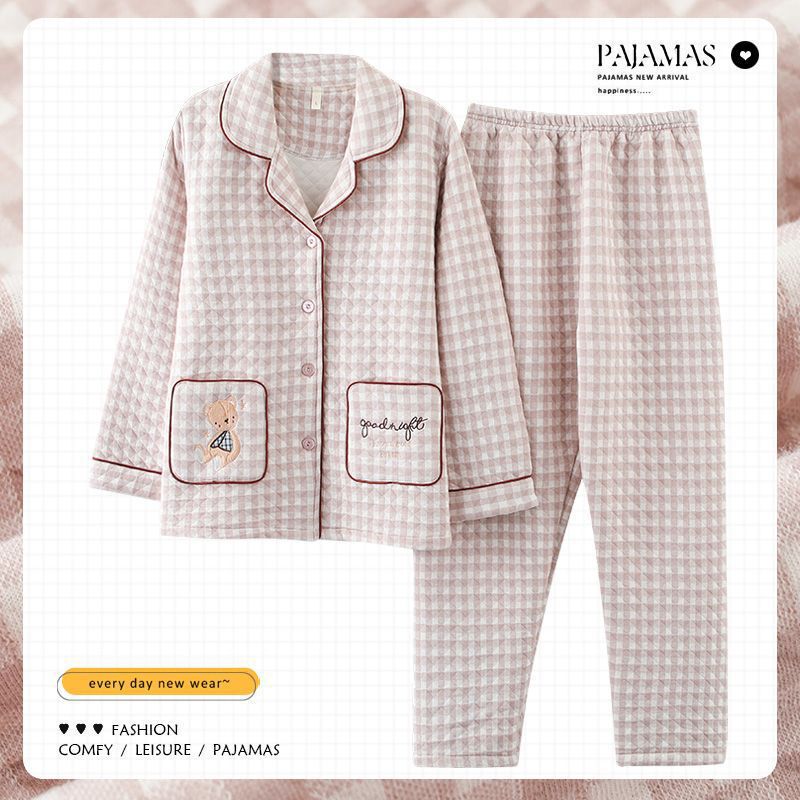 5A Antibacterial Air Cotton Pajamas for Women, Pure Cotton Thickeneded Thin Spring and Autum Long-Sleeved Sandwich Quilted Autum and Winter Home Furnishing