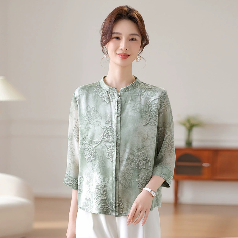 2025 Мамин новый стиль в китайском стиле, новый китайский стиль, женская футболка со средним рукавом для женщин среднего и пожилого возраста, летние повседневные топы