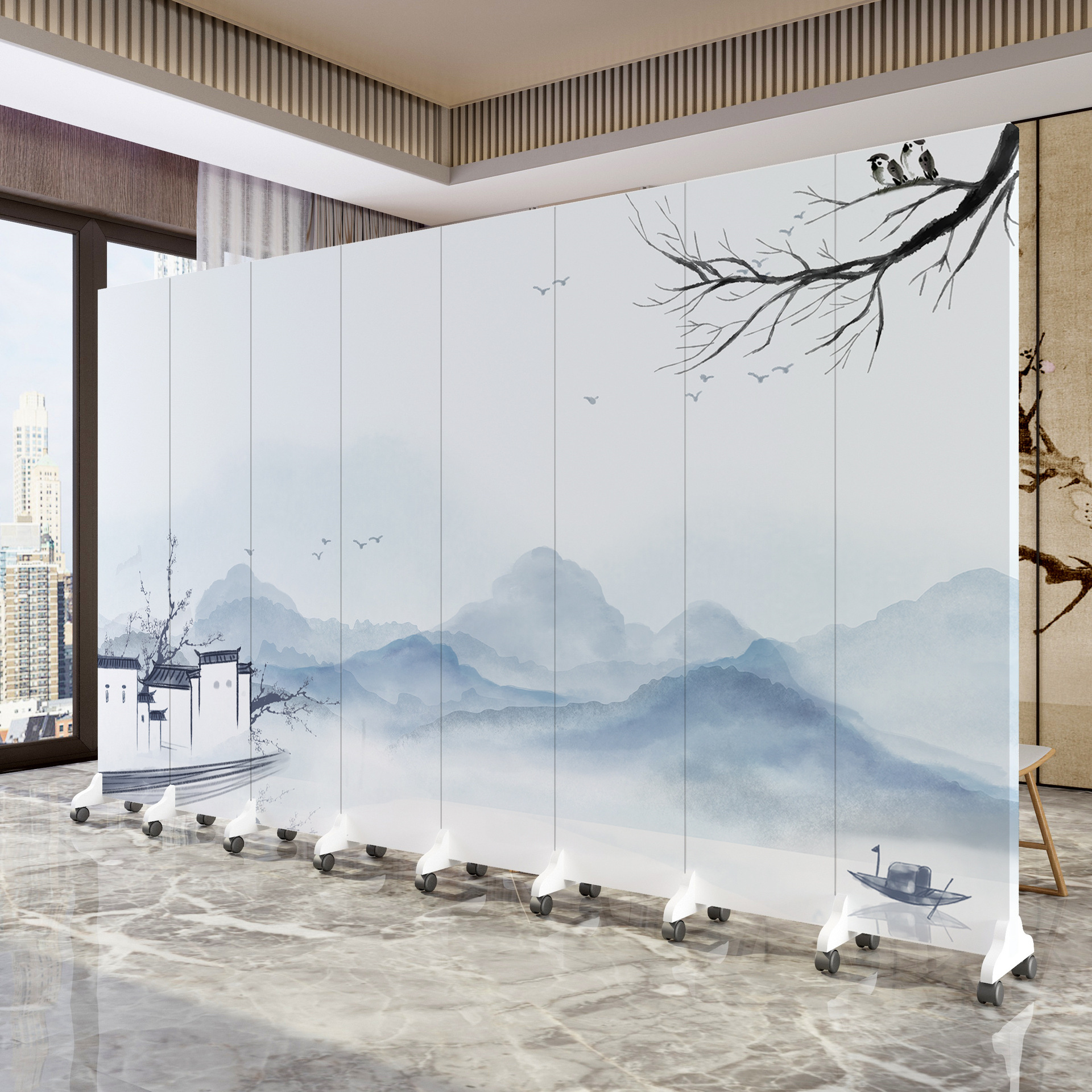 Screen Office Partition New Chinese Style Landscape Scene Painting Living Room Entrance Hall Background Wall Mobile Indoor Folding Screen