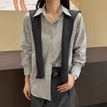 韩系时尚翻领条纹长袖衬衫+披肩女2025秋季新款宽松显瘦百搭上衣