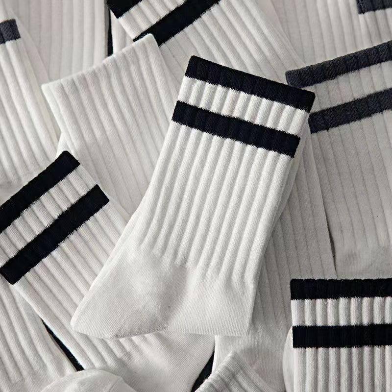 White socks men's solid color thick stripe mid-calf length socks ins trendy autumn and winter deodorant sports all-matching men's stockings