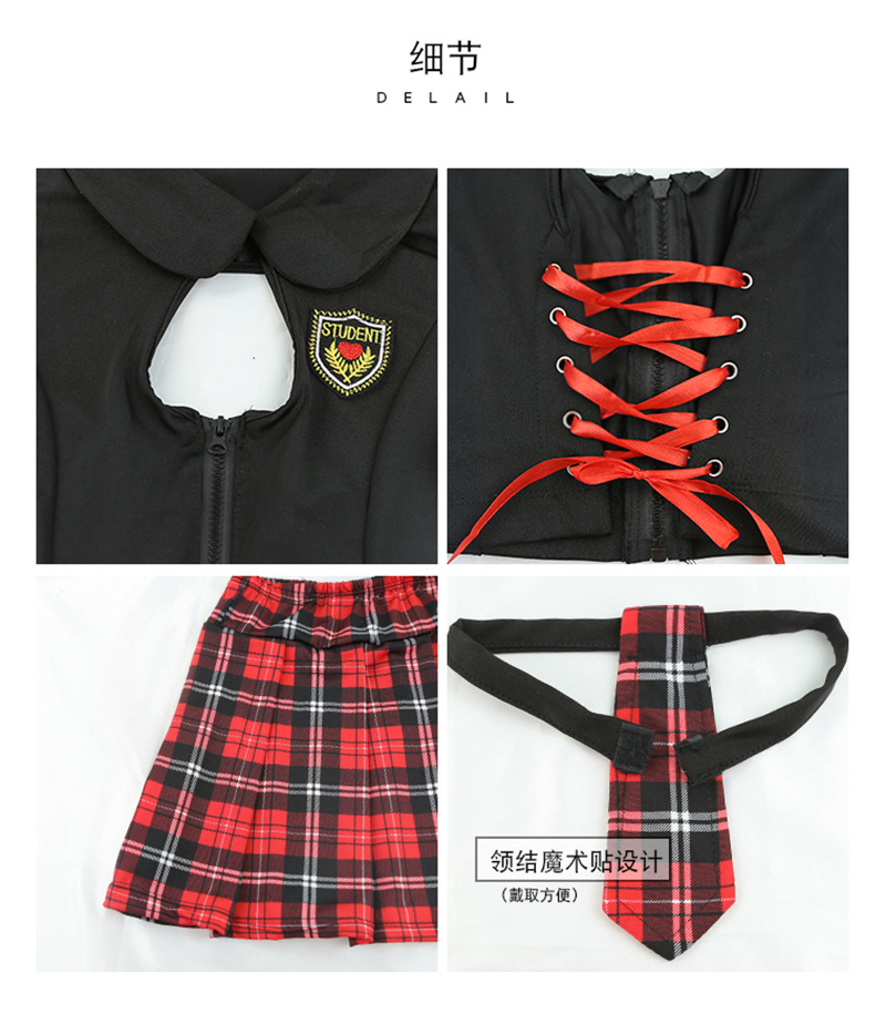British College Style Student Uniform Costume Set with Plaid Skirt, Tie and Stockings — detail image 4