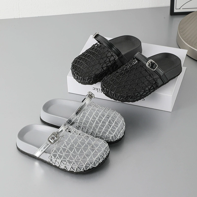 Сетчатые тапочки для девочек, носите новые корейские полые башмаки с плоским дном римские детские пляжные тапочки летом 2025 года