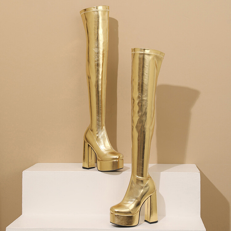 Metal patent leather over-the-knee boots 2023 foreign trade autumn and winter New European and American style square toe side zipper chunky heel high heel women's boots Metal patent leather over-the-knee boots 2023 foreign trade autumn and winter New European and American style square toe side zipper chunky heel high heel women's boots