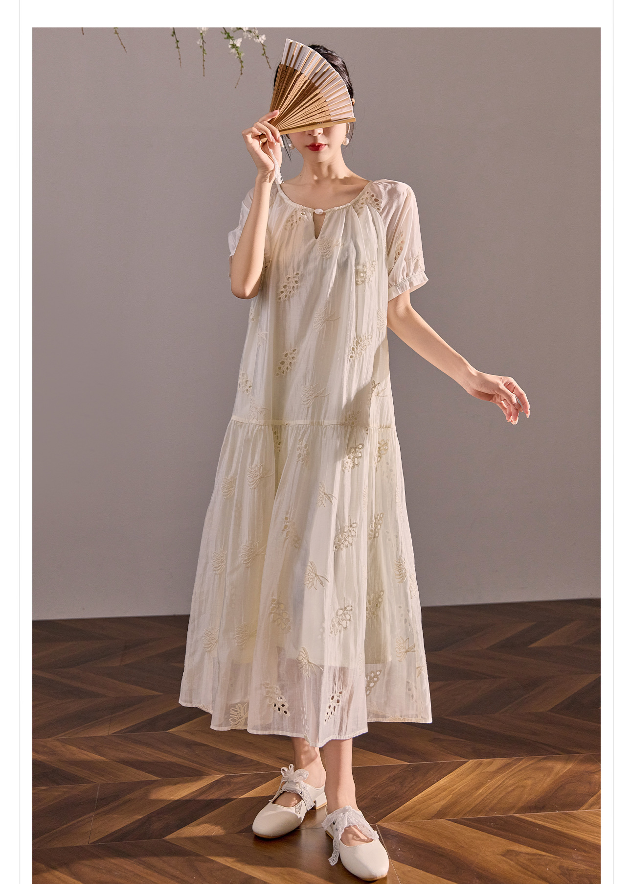 Váy maxi dáng rộng phong cách Trung Hoa mới cao cấp mùa hè chất Tencel cho người dáng nhỏ — Màu trắng nhạt chi tiết 14
