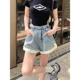 复古翻边牛仔短裤女小个子夏季薄款2026新款高腰显瘦卷边a字热裤