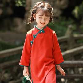 儿童旗袍秋款复古洋气童装宝宝长款中式连衣裙女童红色中国风礼服