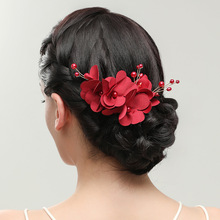 韓式新娘紅色花朵布藝珍珠發梳 跨境婚禮配飾頭飾發飾插梳批