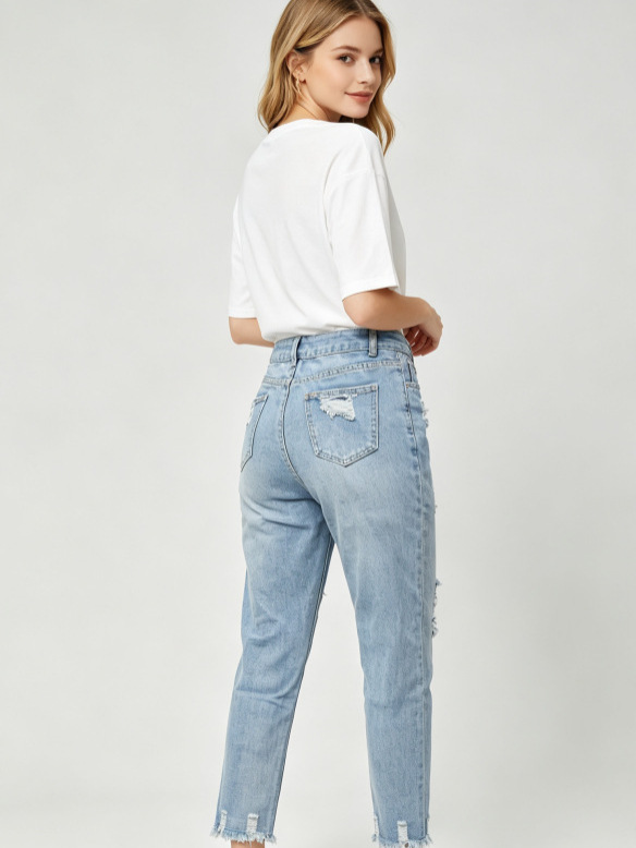 Jeans Rectos de Mezclilla para Mujer con Rotos y Borde Deshilachado Sin Elasticidad