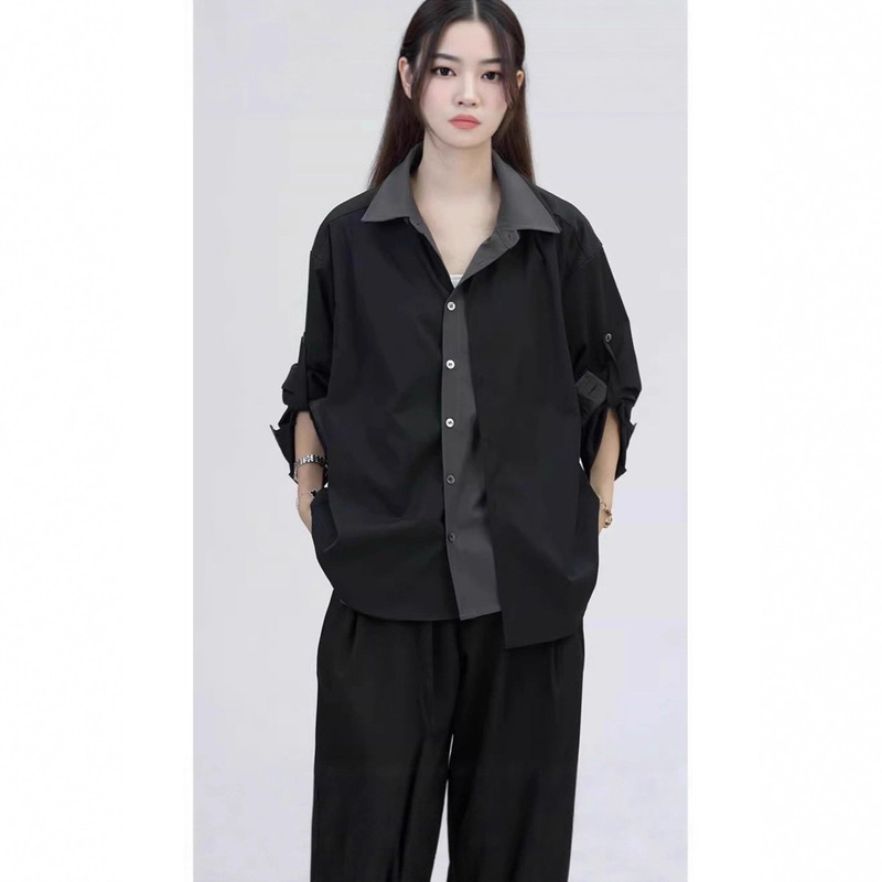 Black and Gray Unisex Long-Sleeve Shirt New Style Faux Two-Piece Suit Shirt High-End Outfit Black Dress Pants