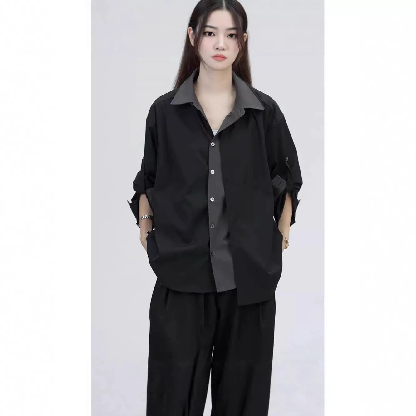 黑色拼灰色男女同款长袖衬衫新款假两件西装衬衣高级穿搭黑色西裤