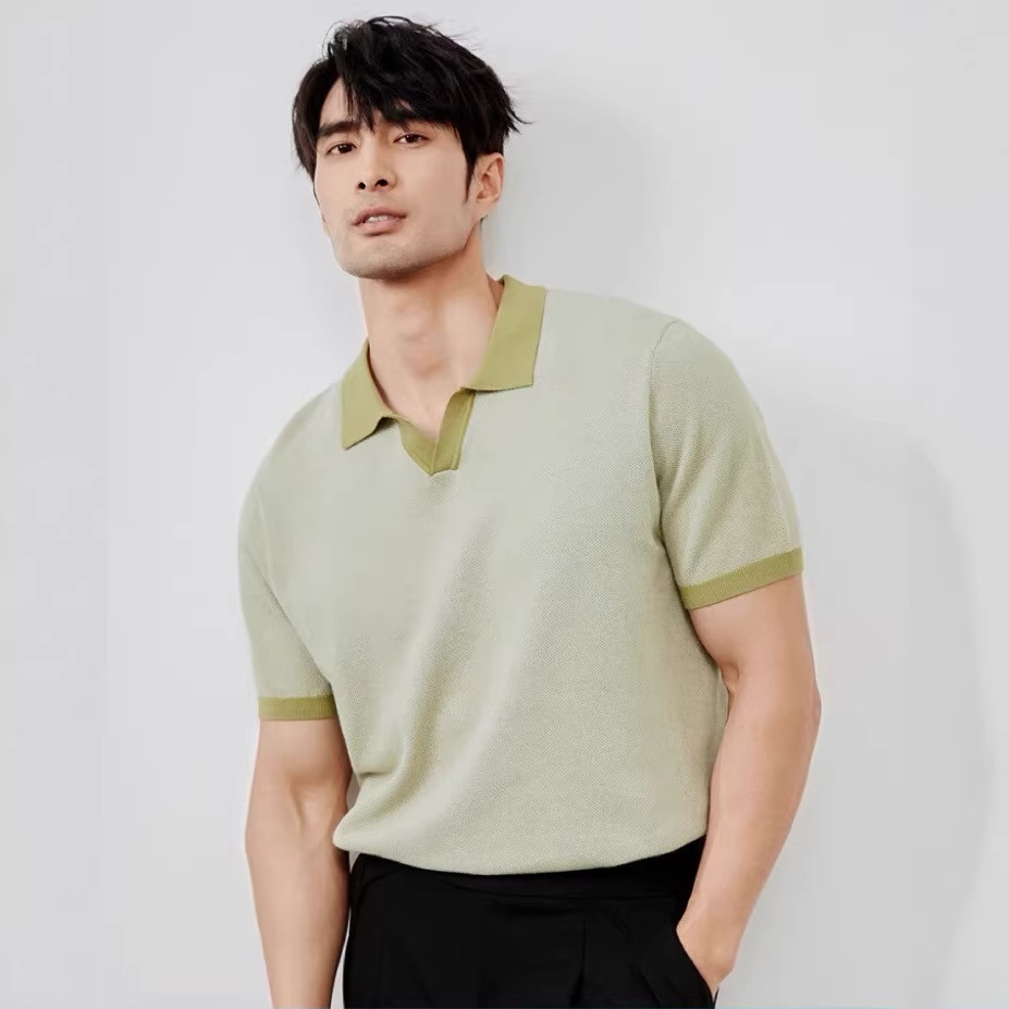 Men's Casual Polo Shirt British Retro High End Lapel Knitted Short Sleeve T-Shirt Breathable Slim Fit Business Top_viptrois.com