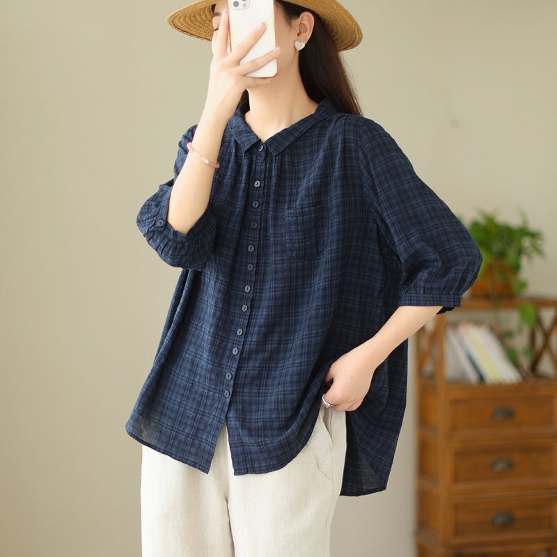 Plus Size Loose Artistic Mid-Sleeve Shirt for Women 2025 New Summer Shirt Slim and Versatile Casual Three-Quarter Sleeve Top