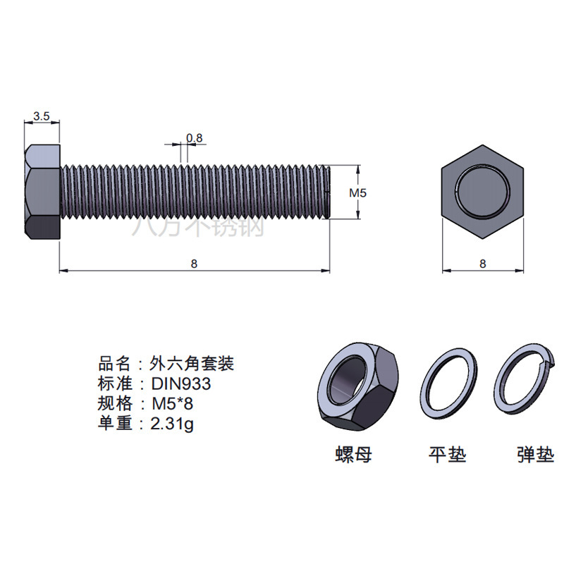 Tuerca de tornillo 304 acero inoxidable hexagonal conjunto de alta resistencia con almohadilla perno de tornillo antideslizante M3M4M5M6M12