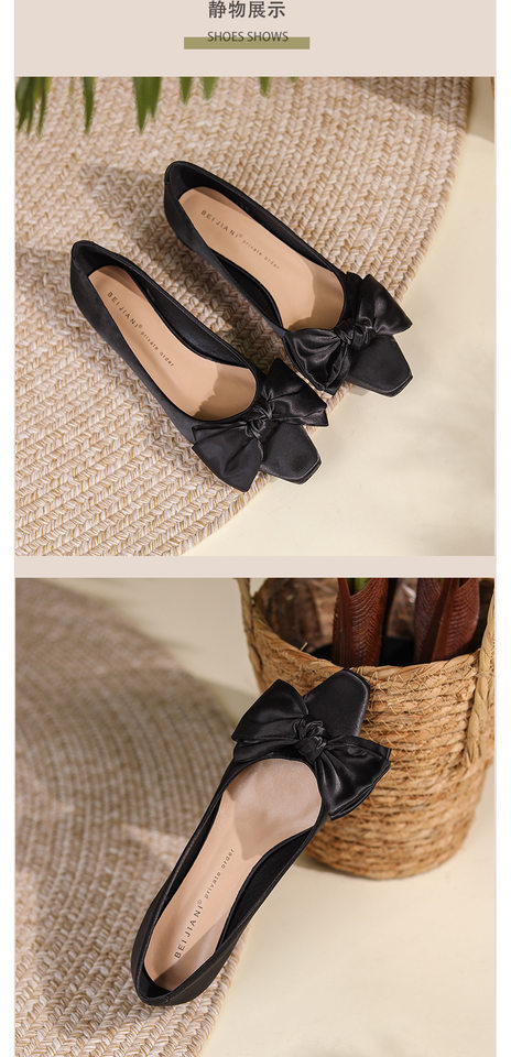 Giày búp bê nữ mũi vuông satin thắt nơ gót thấp đế mềm — Màu hồng nhạt, Màu xám bạc, Màu đen chi tiết 16