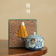 仿宋汝窑元青花双耳手抓壶家用陶瓷泡茶壶带盖防烫泡茶器功夫茶具