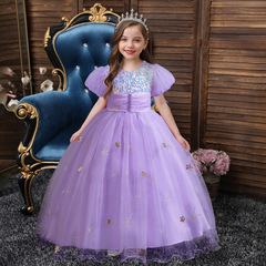 Purple Girls' Long-Sleeve Formal Dress Children's Piano Walking Show Performance Suit Flower Girl Short-Sleeve Princess Puff Skirt Wholesale 630