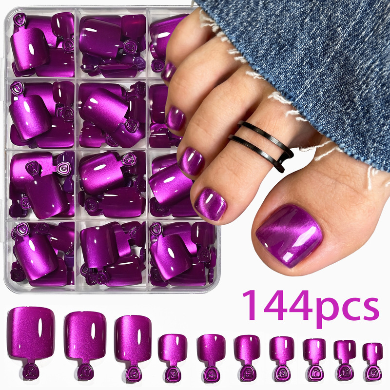 144-piece boxed set of mirrored, wearable, rose-pink and purple cat-eye short square-toe artificial toenails, designed to brighten the complexion and provide a full, seamless fit 144-piece boxed set of mirrored, wearable, rose-pink and purple cat-eye short square-toe artificial toenails, designed to brighten the complexion and provide a full, seamless fit