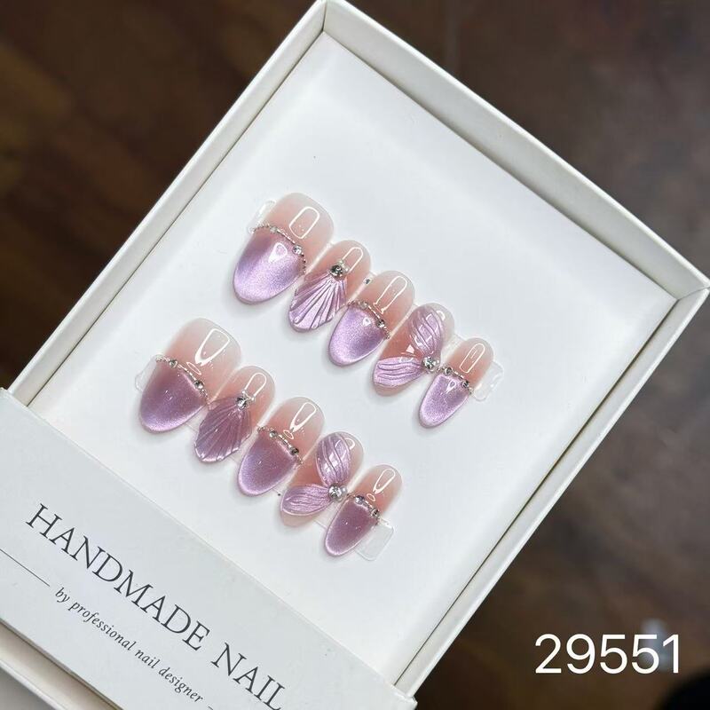 【純手作りのつけ爪29-32】ロングフレンチキャットアイパッチ付け爪、取り外し可能なネイルアートコレクション|undefined