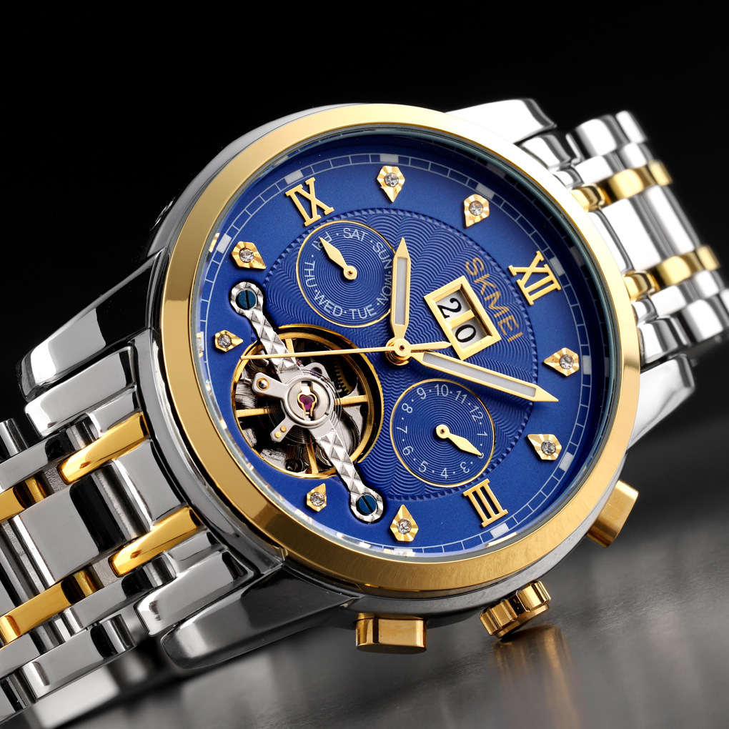 Momento de los relojes mecánicos huecos de volante calendario multifuncional impermeable relojes de pulsera de hombre comercio exterior lote mixto lote personalizado
