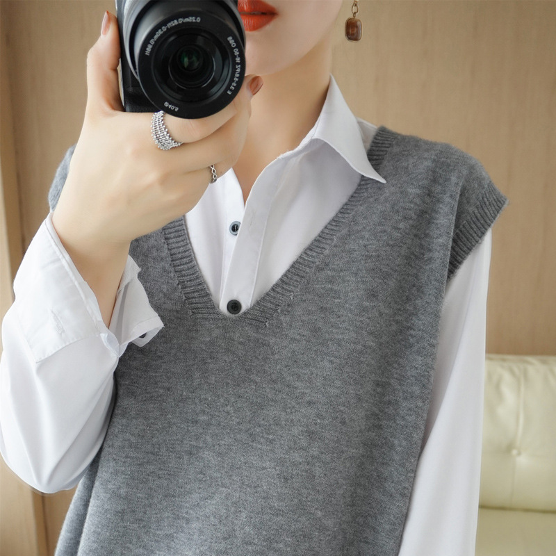 A principios de otoño de punto de las mujeres Chaleco con cuello en V suelta desgaste exterior sin mangas chaleco superior casual estilo perezoso suéter al por mayor