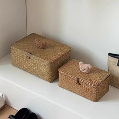 家庭用藤編み収納かご蓋付き手作り海草編み日本式客間デスクトップごみ化粧品収納かご