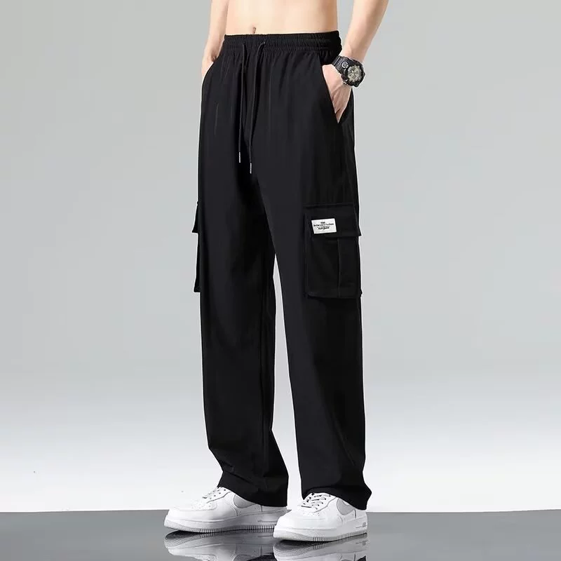 Men's summer thin sports silk casual trousers, loose straight fit