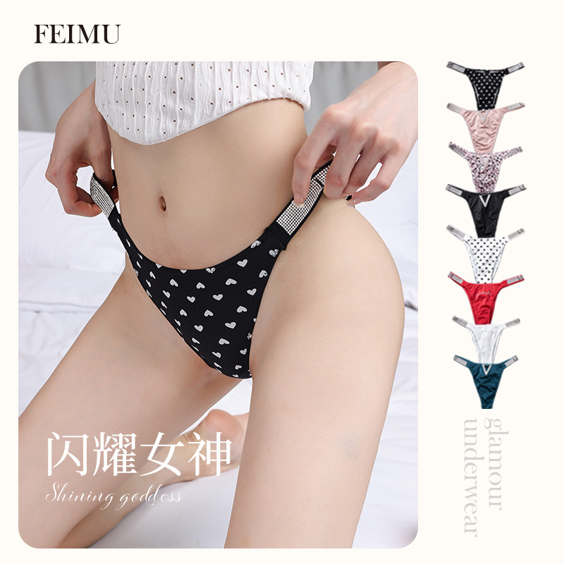 Love Rhinestone Side Strap Briefs with Triangle Back V Hollow Panties for Women, Low-Waist Comfortable Ice Silk Half-Coverage Women's Panties