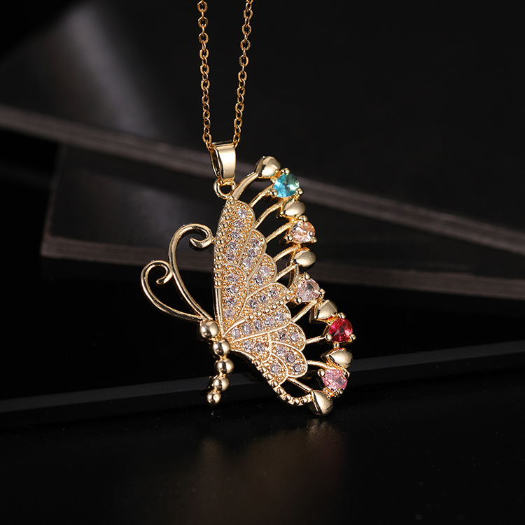 Lady Butterfly Copper Plating Inlay Zircon Pendant Necklace 1 Piece